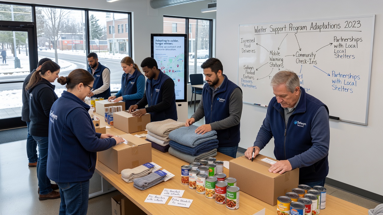 Community volunteers assisting residents with adapted winter support kits