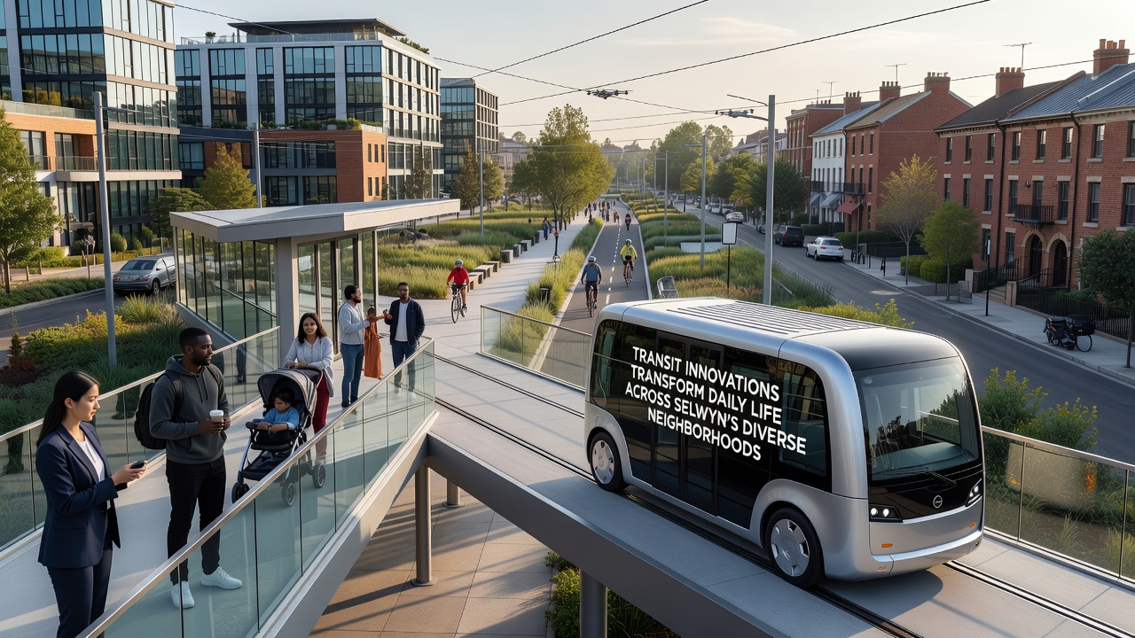 Bike share stations and transit hubs integrated into a mixed-use Selwyn neighborhood